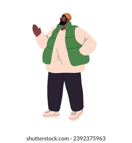 Chunky bearded man in fall outfit standing outdoor. Plump, chubby character in plus size clothes. Heavy male with overweight. Self acceptance, body positive. Flat isolated vector illustration on white