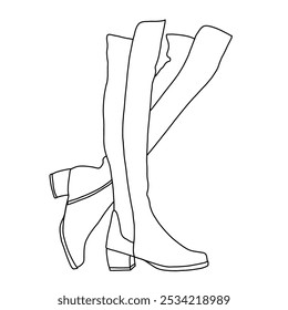 Tacón bajo del bloque grueso para las mujeres sobre la rodilla Botas altas del muslo Arte de la línea, bosquejo técnico dibujando a mano esquema Vector doodle ilustración vista lateral aislada sobre fondo blanco