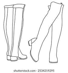 Tacón bajo del bloque grueso para las mujeres sobre la rodilla Botas altas del muslo Arte de la línea, bosquejo técnico dibujando a mano esbozo Vector doodle ilustración vista delantera y trasera aislado sobre fondo blanco