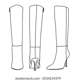 Tacón bajo de bloque grueso para mujeres sobre la rodilla Botas altas de muslo Arte de línea, bosquejo técnico dibujo a mano delineado Vector doodle ilustración vista trasera, lateral y frontal aislado sobre fondo blanco