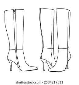 Tacón bajo del bloque grueso para las mujeres sobre la rodilla Botas altas del muslo Arte de la línea, bosquejo técnico dibujando a mano esbozo Vector doodle ilustración vista posterior y lateral aislado sobre fondo blanco