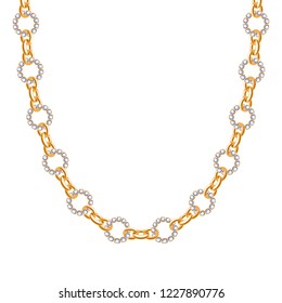 Chunky chain golden metallic necklace or bracelet with diamonds gemstones.
