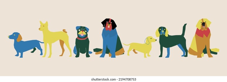 Chunky characters, colorful party. shape-based dog and simple style. Geometric low poly animal. Dogs various poses vector illustration flat design. Colorful seamless patterns for kid's apparel.