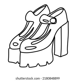 Zapatillas de tacón alto. Calzado femenino. Ilustración del dibujo del doodle vectorial. Arte de línea.