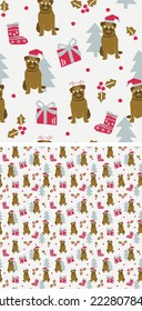 Chunky Pug characters, colorful party. Shape-based dog and simple style. Geometric low poly animal pattern. Flat dog design,  Colorful seamless winter X-mas pattern for kids. Pug seamless background.