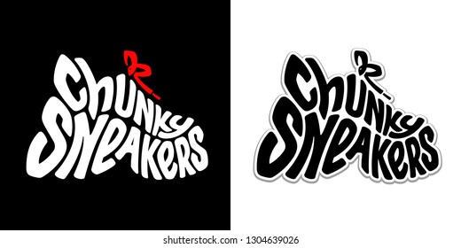 The chunky sneakers. Creative symbol of trendy dad ugly shoes. Vector funny lettering. Urban graffiti style. Black and white flexible text in the shape of sports footwear. Red bow tie of shoelace