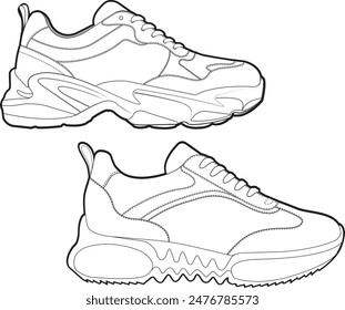 Chunky Sohle Mode Sneakers Vektorgrafik Retro Sneakers Illustration Mode Schuhe Vektorgrafik, Sneakers Linienzeichnung