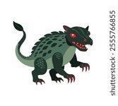 Chupacabra Flat Vector Illustration, Reptilian Features, Greenish Scales, Red Eyes, Sharp Claws, Minimalist Look, Clean Lines, White Background