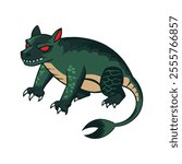 Chupacabra Flat Vector Illustration, Reptilian Features, Greenish Scales, Red Eyes, Sharp Claws, Minimalist Look, Clean Lines, White Background