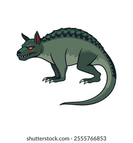 Chupacabra Flat Vector Illustration, Reptilian Features, Greenish Scales, Red Eyes, Sharp Claws, Minimalist Look, Clean Lines, White Background