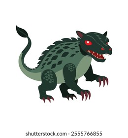 Chupacabra Flat Vector Illustration, Reptilian Features, Greenish Scales, Red Eyes, Sharp Claws, Minimalist Look, Clean Lines, White Background