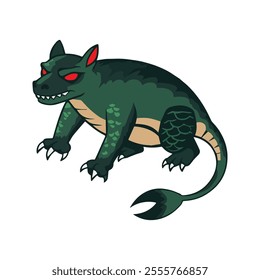 Chupacabra Flat Vector Illustration, Reptilian Features, Greenish Scales, Red Eyes, Sharp Claws, Minimalist Look, Clean Lines, White Background