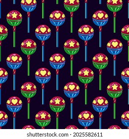 Chups on the blue background. Seamless pattern.