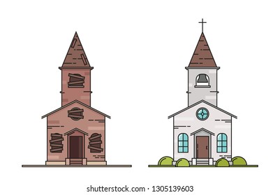 Church: Abandoned and Repaired. Flat Line Style. Vector Illustration