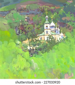 Church among the green trees. Vector illustration.
