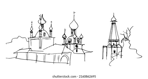 Church in the ancient Russian style with onion domes and a bell tower with a hipped roof. Black and white vector traced linear ink and pen sketch
