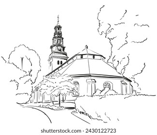 Church architectural vector sketch, Old religious building surrounded by trees, Köping church baroque style tower hand drawn illustration