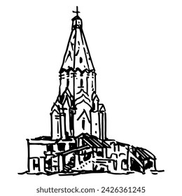 The Church of the Ascension in Kolomenskoye, Moscow, Russia. Old Russian Orthodox temple. Hand drawn linear doodle rough sketch. Black and white silhouette.