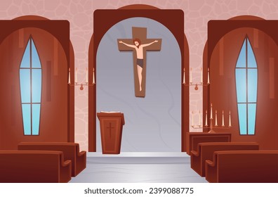 Fondo de la iglesia. Concepto religioso interior de la iglesia Vector plantilla de dibujos animados