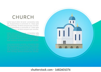 Church banner christian orthodox or catholic church cartoon vector illustration for religion architecture. Old christian church building, famous temple landmark. Religious ancient building.