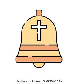 Church Bell Flat design style, a golden bell with a cross, representing church ceremonies and celebrations, perfect for Easter visuals, faith-based projects, and festive graphics.
