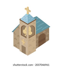 Iglesia con campana en visión isométrica. Ilustración vectorial de un edificio antiguo.