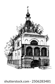 Church bell tower. Kyiv, Ukraine. Pen sketch converted to vectors.