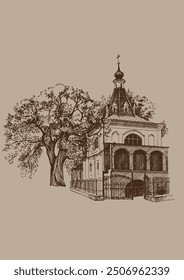 Church bell tower. Kyiv, Ukraine. Pen sketch converted to vectors.