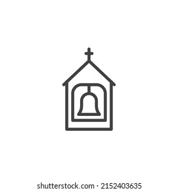 Church bells line icon. linear style sign for mobile concept and web design. Bell tower with a holy cross outline vector icon. Symbol, logo illustration. Vector graphics