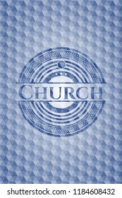 Church blue emblem with geometric pattern background.