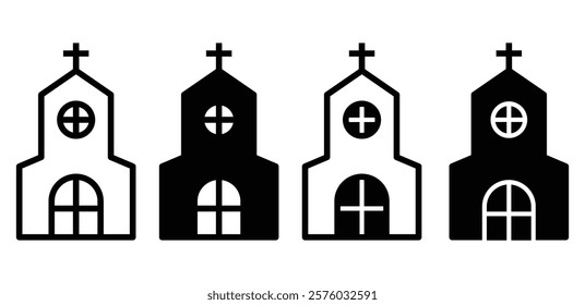 church building architecture icon symbol sign vector design black white outline and black filled illustration isolated