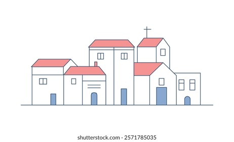 Church Building Architecture Landscape in City Town with Line Outline Design Style