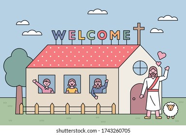 Church building background. The children are waving their hands at the window. Jesus is greeting in front of the church. flat design style minimal vector illustration.