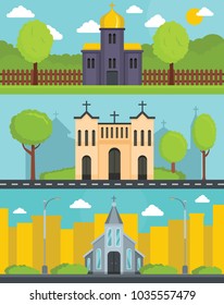 Church building banner concept set. Flat illustration of 3 church building world vector banner horizontal concepts for web