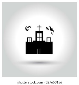 Church Building with Bats Flying. Halloween pictogram elements collection. simple minimal, flat, solid, mono, monochrome, plain, contemporary style. Vector illustration web internet design elements Church Building with Bats Flying. Halloween pictogram elements collection. simple minimal, flat, solid, mono, monochrome, plain, contemporary style. Vector illustration web internet design elements
