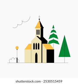 Edificio de la iglesia con campanario y árboles en Ilustración vectorial plana que simbolizan la espiritualidad, la arquitectura y la reunión religiosa, aislado sobre fondo blanco.