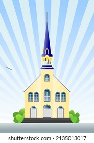 church building, blue sky with sunbeams
