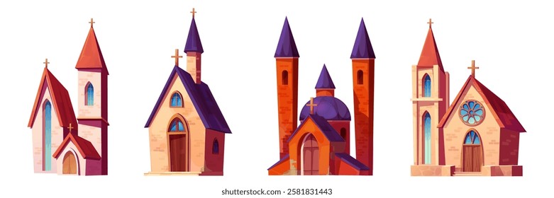 Church building cartoon collection of Catholic chapels with stained glass windows, tall towers, crosses and architectural details. Medieval religious structures with wooden doors and bell towers.