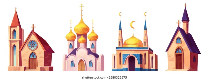 Church building cartoon set with Catholic chapel, Orthodox cathedral with golden domes, Muslim mosque with crescents and small Christian chapel. Religious architecture with different traditional style