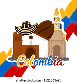 Church building with coffe bean, flag and hat. Representative image of colombia - Vector