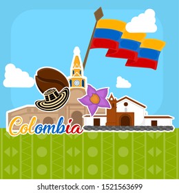 Church building, coffee bean, hat and flag. Representative image of colombia - Vector