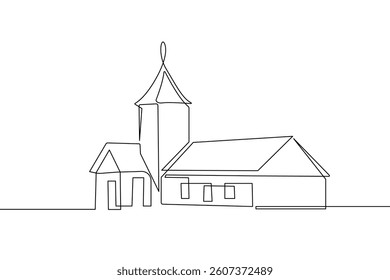 Church Building Continuous Line Drawing. Church Line Art Hand Drawn Vector Continuous One Line Drawing. Outline Drawing of Country Architecture Minimalist Design Isolated on White Background. Not AI