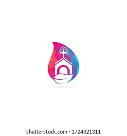 Church building drop shape concept logo design. Template logo for churches and Christian. Cross church building logo.	