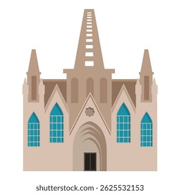 Church building featuring a high tower, teal stained glass windows, and traditional architectural details