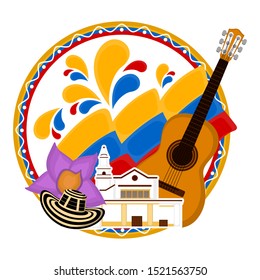 Church building with a flag, flower and guitar. Representative image of colombia - Vector