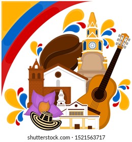 Church building with a flag, hat, coffee bean and guitar. Representative image of colombia - Vector