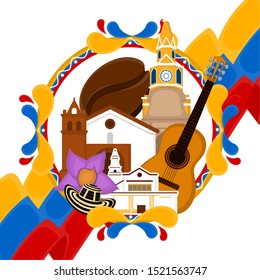 Church building with a flag, hat, coffee bean and guitar. Representative image of colombia - Vector