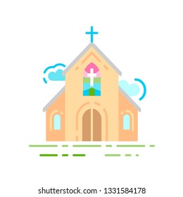 Church building flat color icon. Religion concept. Sign for web page, mobile app, banner, social media. Pictogram UI/UX and GUI user interface. Vector clipart, illustration.