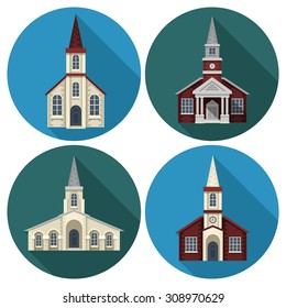 Church building flat round long shadow icons set isolated vector illustration