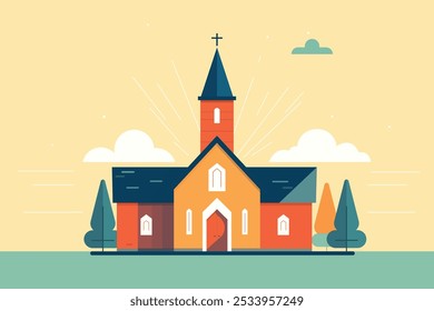 Construção de igreja vetor plano design e ilustração de uma igreja com uma cruz no topo